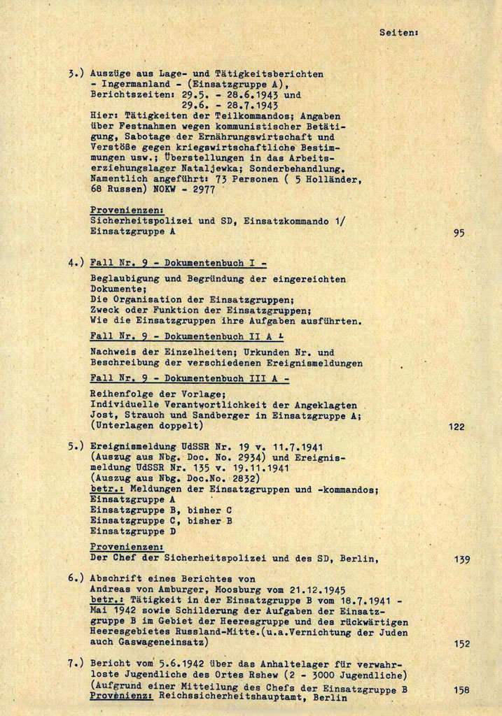 An official German document index from the Nuremberg Einsatzgruppen Trial (Case 9), listing operational situation reports and activity logs from Einsatzgruppen A and B.