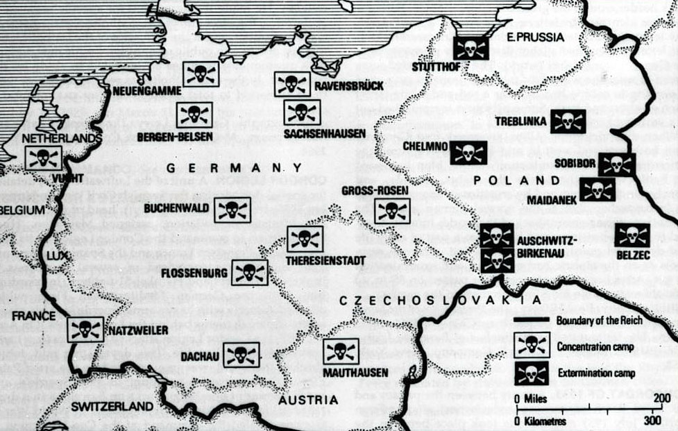 Map of the concentration and death camps in Europe during WW2
