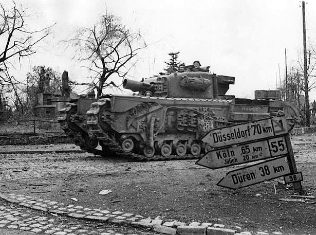 A Churchill AVRE (Armoured Vehicle Royal Engineer) tank armed with the 290 mm Petard spigot mortar