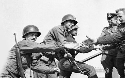 The US and Soviet Red Army meeting on the Elbe river in April 1945