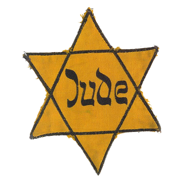 A yellow Star of David with the word Jood, the Dutch word for Jew
