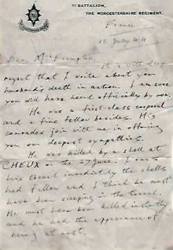 The letter Captain Noel Watkins wrote to Lorna explaing that Albert had been killed.