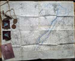 George's personal D-Day map, shoulder titles, whistle and tags